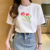 诗莉奥(SHILIAO)简约夏季白色短袖t恤女春秋内搭打底衫女百搭宽松纯棉上衣 纯棉T恤一件 XXL码【适合130-145斤】