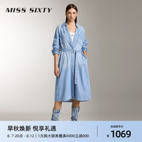 MISS SIXTY2024秋季新款含天丝牛仔连衣裙女法式翻领气质收腰长裙 浅蓝