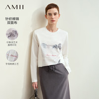 AMII2024秋新款休闲圆领艺术印花字母刺绣长袖T恤女小宽肩上衣