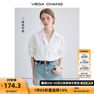 VEGA CHANG 衬衫女2024年夏季新款洋气休闲宽松法式V领短袖高级感凉感白衬衣 雅尚白 M