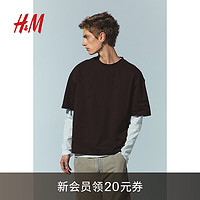 H&M男装T恤2024夏季宽松休闲汗布棉质圆领短袖上衣1035207 深棕色 175/100