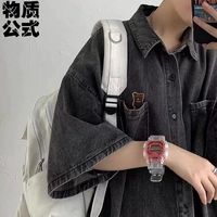物质公式牛仔衬衫短袖夏季痞帅潮牌宽松百搭ins五分半袖外套衬衣