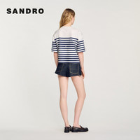 SANDRO2024早秋女装法式钻饰条纹圆领短袖T恤上衣SFPTS01513 D251/蓝色 0