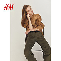 H&M2024秋季女装小个子时尚休闲百搭斜纹布低腰长裤1237315 深卡其绿 165/80 42