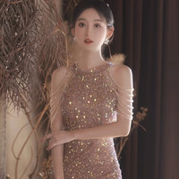 翰榆年会礼服女2024平时可穿鱼尾晚礼服亮片高端小众主持连衣裙高 杏色 M