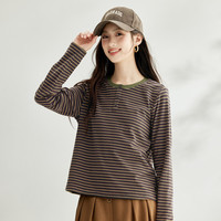 茵曼（INMAN）时尚复古撞色条纹长袖T恤女2024秋季百搭舒适休闲显瘦上衣 浅咖色 L