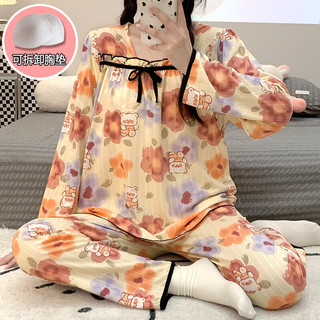 婧麒月子服春秋哺乳产后睡衣喂奶家居服套装夏季带胸垫 大花熊【胸垫款】Jsy148368 M