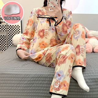 婧麒月子服春秋哺乳产后睡衣喂奶家居服套装夏季带胸垫 大花熊【胸垫款】Jsy148368 M