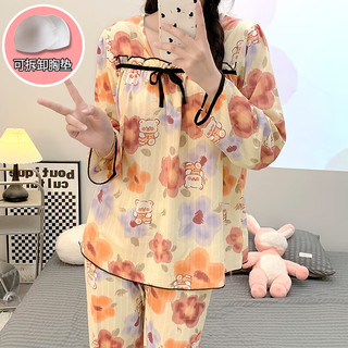 婧麒月子服春秋哺乳产后睡衣喂奶家居服套装夏季带胸垫 大花熊【胸垫款】Jsy148368 M
