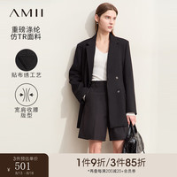 AMII2024早秋新款翻驳领宽肩垫肩收腰中长西装女黑色西服正装职业装 黑色 1
