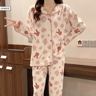 婧麒（JOYNCLEON）家居服春秋怀孕期大码睡衣套装女时尚家居休闲服 粉色兔头Jsy127373 XL码