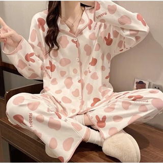 婧麒（JOYNCLEON）家居服春秋怀孕期大码睡衣套装女时尚家居休闲服 粉色兔头Jsy127373 XL码