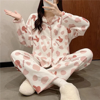 婧麒（JOYNCLEON）家居服春秋怀孕期大码睡衣套装女时尚家居休闲服 粉色兔头Jsy127373 XL码