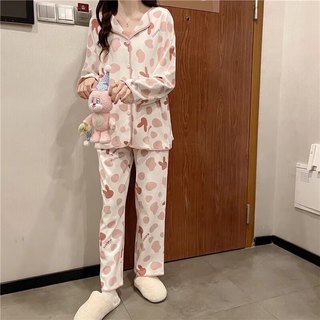 婧麒（JOYNCLEON）家居服春秋怀孕期大码睡衣套装女时尚家居休闲服 粉色兔头Jsy127373 XL码