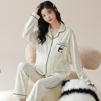 婧麒(JOYNCLEON)月子服春秋怀孕期大码翻领睡衣套装女时尚休闲家居服带胸垫 条纹小熊Jyz162373 L码