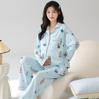 婧麒（JOYNCLEON）月子服春秋怀孕期大码翻领睡衣套装女时尚休闲家居服带胸垫 蓝色小熊 XL码