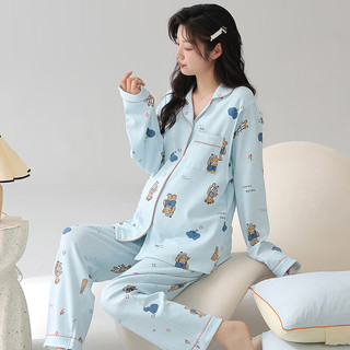 婧麒（JOYNCLEON）月子服春秋怀孕期大码翻领睡衣套装女时尚休闲家居服带胸垫 蓝色小熊 XL码