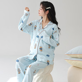 婧麒（JOYNCLEON）月子服春秋怀孕期大码翻领睡衣套装女时尚休闲家居服带胸垫 蓝色小熊 XL码