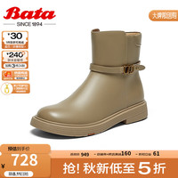 Bata时装靴女2024秋商场新款粗跟百搭羊皮通勤软底短筒靴AKQ52CD4