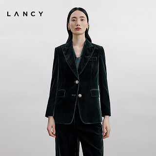 朗姿/LANCY2024秋季丝绒大翻领西装外套女优雅西服 黑森林绿色 2XL