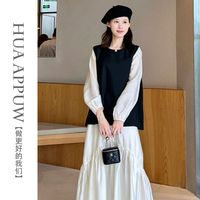 画朴小众设计法式V领连衣裙女装2024秋季开叉西装马甲套装潮