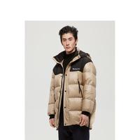 费尔岛系列 冬季休闲保暖拼接连帽长款羽绒服外套