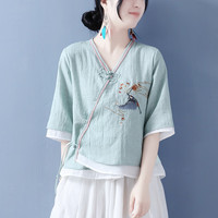 朦胧杏 民国风女装复古盘扣套装中国风民族风中式汉服成人女刺绣v领棉麻 青绿(上衣) L 105-120斤