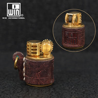 WIn日本胜利威恩打火机铜收藏真皮迷你小巧胖墩煤油打火机 WIN-16101ZP12 有标 深棕色