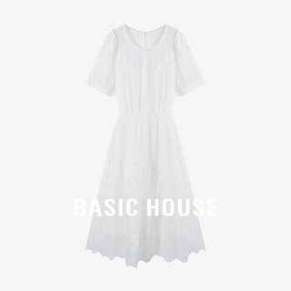 Basic House/百家好重工立体钩花连衣裙中长款收腰显瘦花边裙子夏 白色 L