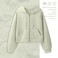 真维斯牛奶丝插肩袖短款开衫卫衣女2024年春秋季时尚校园风外套GX 灰绿-纯色 S