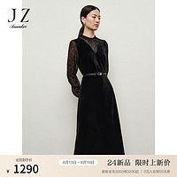 玖姿·安娜蔻优雅大气艺术感丝绒拼接轻礼服连衣裙女2024秋季 素黑 S