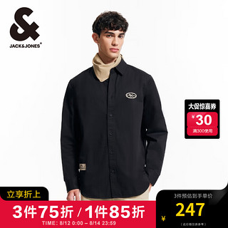 杰克·琼斯（JACK&JONES）男装衣服秋季宽松纯棉衬衫薄外套男士百搭潮流刺绣休闲长袖衬衫男 E43 纯黑色 165/88A/XS