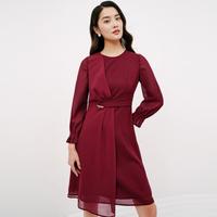 春夏季人气设计感长袖不对称中长款气质时尚优雅连衣裙裙子女