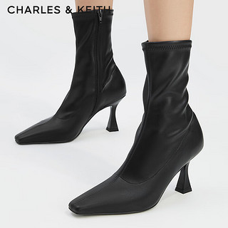 CHARLES&KEITH24秋季CK1-90360403气质细高跟弹力短靴瘦瘦靴 Black黑色 40