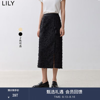 丽丽 LILY2024秋女装国风提花肌理感流苏立体花朵盘扣直筒裙半身裙 510黑色 XL