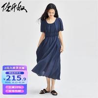 佐丹奴裙子女橡筋收腰肌理甜美泡泡袖花边圆领连衣裙18464217 67靛蓝 L