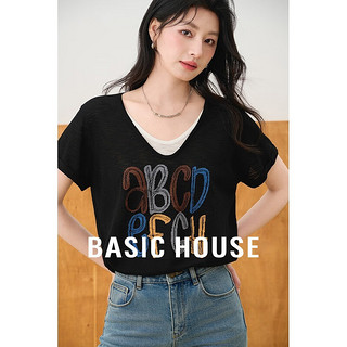 百家好（Basic House）撞色字母假两件冰丝针织衫夏季薄款卷边袖上衣 黑色 S