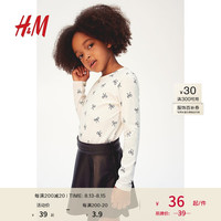 H&M童装女童2024秋季T恤印花柔软舒适汗布长袖上衣0922700 自然白/蝴蝶结 120/60