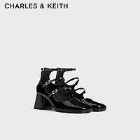 CHARLES&KEITH24秋季CK1-60361531复古高帮镂空粗跟玛丽珍鞋 Black Patent黑色 34