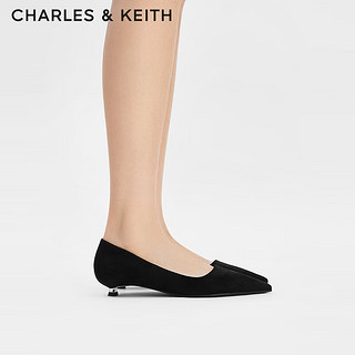 CHARLES&KEITH24秋季CK1-61720209尖头猫跟通勤低跟浅口单鞋 BLACK TEXTURED黑色纹理 40