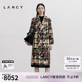 朗姿/LANCY2024秋季复古艺术格纹印花风衣外套女高级长上衣 深米色 L