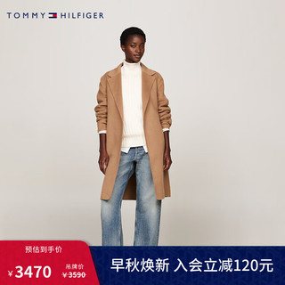 TOMMY HILFIGER24秋冬女装羊毛混纺系带收腰毛呢大衣外套WW0WW43603 卡其色GWE 38