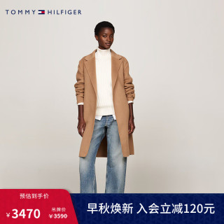 TOMMY HILFIGER24秋冬女装羊毛混纺系带收腰毛呢大衣外套WW0WW43603 卡其色GWE 38
