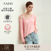 AMII2024秋百搭大圆领爱心印花弹力T恤女多巴胺穿搭长袖上衣 樱花粉 150/76A/XS