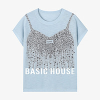 Basic House/百家好韩版假两件印花针织衫夏季圆领短袖T恤上衣女 兰色 XL