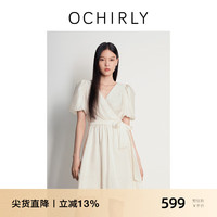 欧时力【商场同款】天丝茶歇裙2024新夏短款法式泡泡袖V领连衣裙 米白