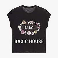 Basic House/百家好纯色百搭夏季小众设计感圆领短袖针织衫女 黑 L