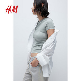 H&M2024夏季女装罗纹T恤1254791 浅卡其绿 155/80