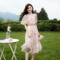 雪纺仙女长裙子2024夏季法式领碎花优雅显瘦气质短袖连衣裙女