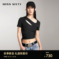 MISS SIXTY2024秋季新款短袖T恤女镂空性感设计感不规则系带上衣 黑色